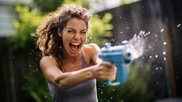 Meisje speelt met een waterpistool in haar voortuin op een warme zomermiddag