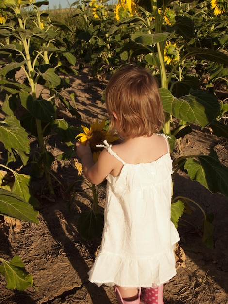 Meisje spelen in zonnebloem veld.