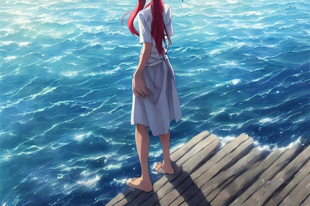 Meisje staande bij de zee digitale schilderij illustratie