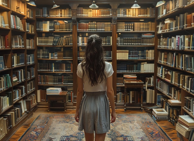 Meisje staat in de bibliotheek met haar rug naar de camera gekeerd.