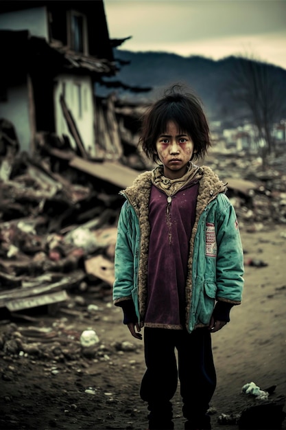 meisje staat in een verwoest gebied na een tsunami