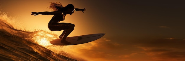 meisje surft op de golf bij zonsondergang Generatieve AI