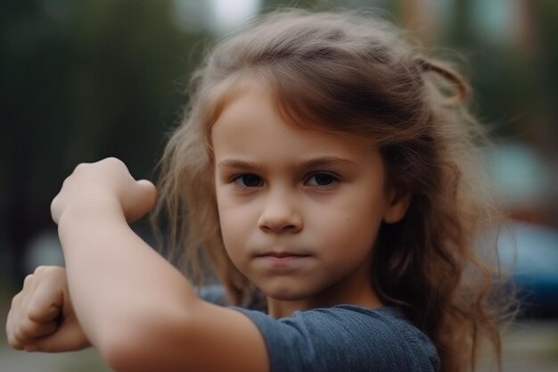 Meisje toont symbool van autisme in close-up haar armen naar voren strekken