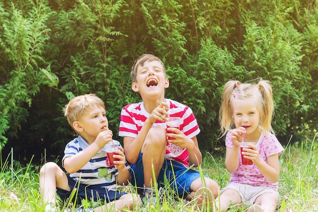 Meisje twee en jongen buiten in de zomer drinken sap op het gras.