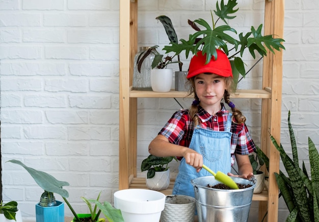 Meisje verplant een kamerplant philodendron in een nieuwe bodem met drainage Potplant