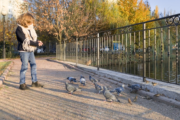 Meisje voedende duiven in zonnig de herfstpark