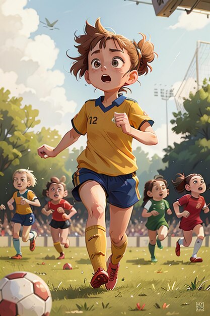 meisje voetballen met vrienden op campus gelukkige jeugd cartoon wallpaper achtergrond