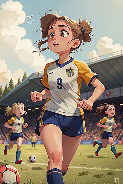 meisje voetballen met vrienden op campus gelukkige jeugd cartoon wallpaper achtergrond