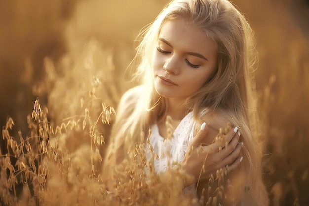 meisje volwassen in een haverveld sexy / blij meisje in een zomerveld, blond met lang haar