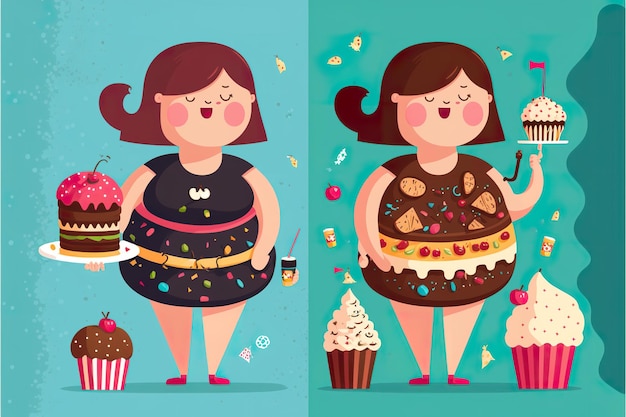 Meisje voor en na een dieet vlakke afbeelding