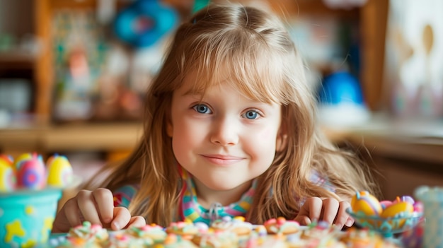 Foto meisje vrolijk met koekjes en paaseieren