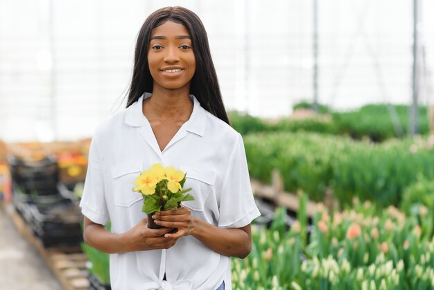 Meisje, werknemer met bloemen in kas