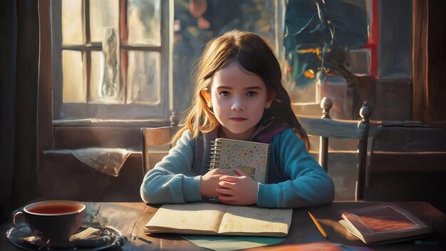 Meisje zit aan tafel met een notitieboek.