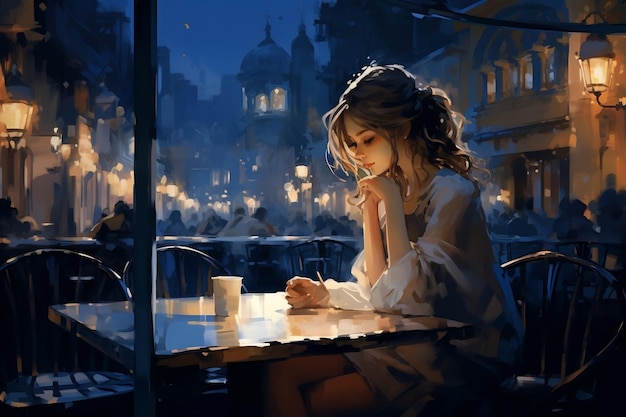 Meisje zit in een café's nachts