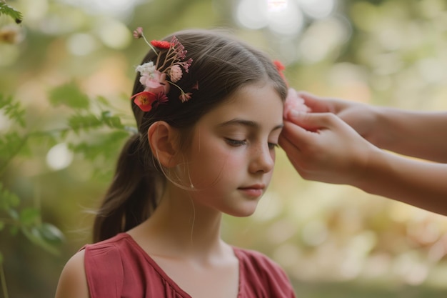 Meisje zit nog steeds bloemen haar accessoire te krijgen