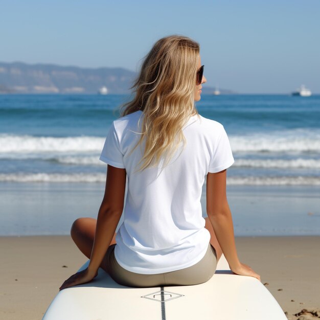 Foto meisje zit op de surfplank strand weergave lege witte t-shirt achteraanzicht