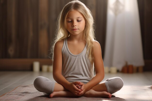 Foto meisje zit op de vloer in meditatie ontspannen yoga oefening