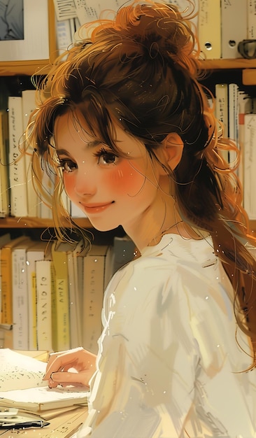 meisje zit op tafel boek gezicht portret glimlachende ogen gemengde stijlen half lichaam cropping manga tonen