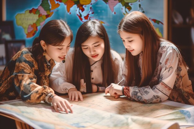 Meisjes die bezig waren met een aardrijkskundeles, waarbij ze kaarten bestudeerden en verschillende culturen bespraken