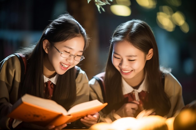 Meisjes die een boek bespreken tijdens een bijeenkomst van een literatuurclub voor meisjesonderwijs Aziatisch