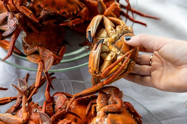 Meisjes die een krab van het bord oppakken