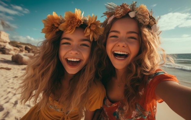 Meisjes die een selfie maken op het strand Generatieve AI