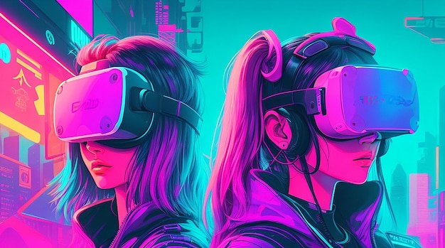 Meisjes die VR-headsetillustraties dragen in de 4k Cyberpunk-wereld van levendige kleuren en retro-vibes