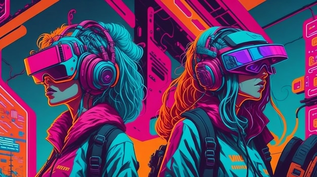 Meisjes dragen VR-headsetillustraties in 4k Cyberpunk-wereld van levendige kleuren en retrovibes