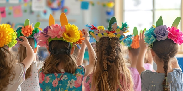 Meisjes in bloemenkronen die gelukkig paaseieren delen aan tafel en kunst maken.