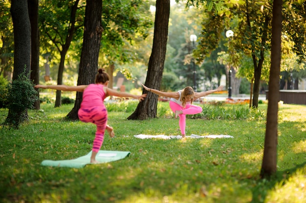 Meisjes in de roze sportpakken beoefenen van yoga in het park