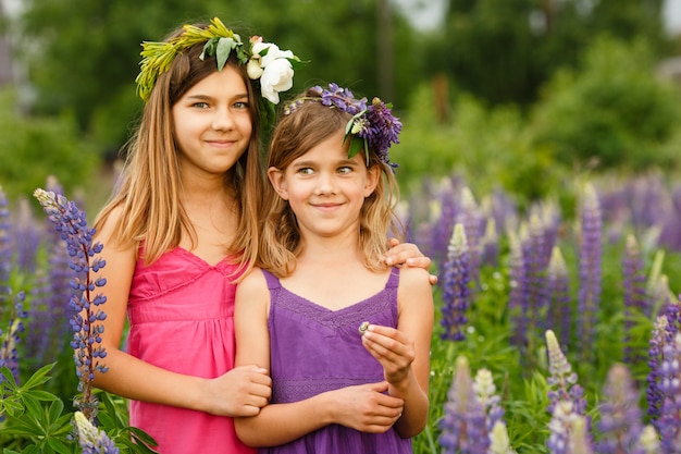 Meisjes lopen op het gebied van lupine in de avond, hand in hand