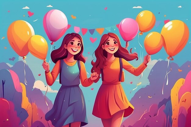 Meisjes met ballonnen festival gelukkige meisjes illustratie vriendschap dag