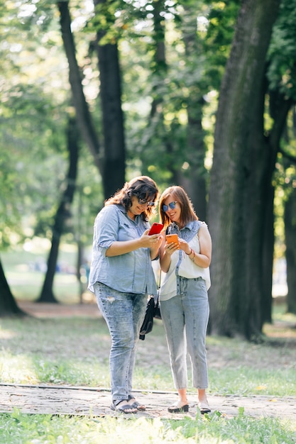 Meisjes met smartphones praten in het park