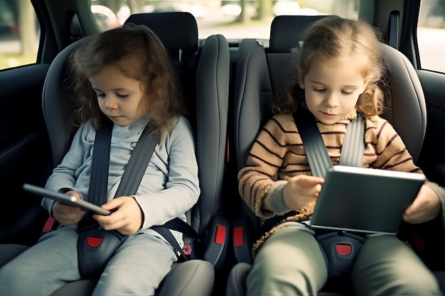 Meisjes zitten in een auto en spelen in apparaten. Kinderen zijn veilig. Sluit je veiligheidsgordel vast.