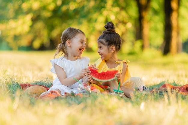 Meisjes zitten op een deken in het park en eten een stuk watermeloen Gezonde snack voor kinderen