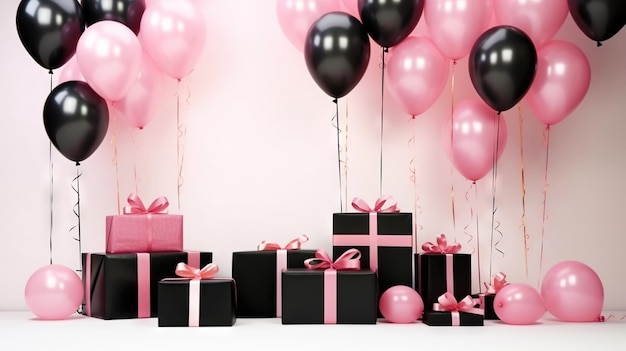Meisjesachtig uitnodigingsmodel met roze gouden en witte geschenken en ballonnen Partijconcept Generatieve AI