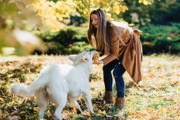 Meisjesgangen bij de herfstpark met jonge witte Zwitserse herdershond