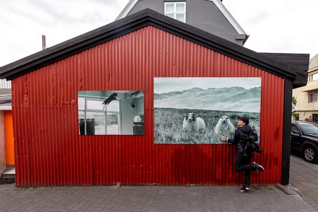 Meisjestoerist dichtbij het rode huis op de straat van Reykjavik. IJsland