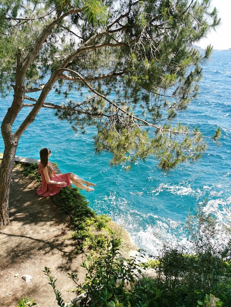 Meisjestoerist zit in een dennenbos op de rotsen op een achtergrond van een prachtig mediterraan zeegezicht