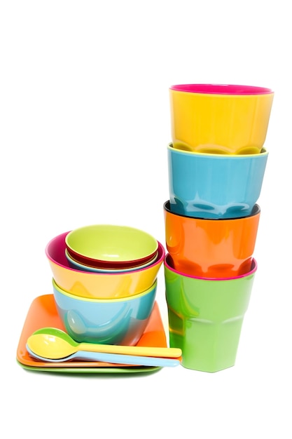 Melamine colorful  set of bowl cup and spoon on white background