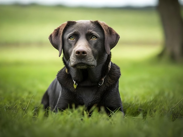 A melancholic Labrador Retriever sitting alone by a rainy green field