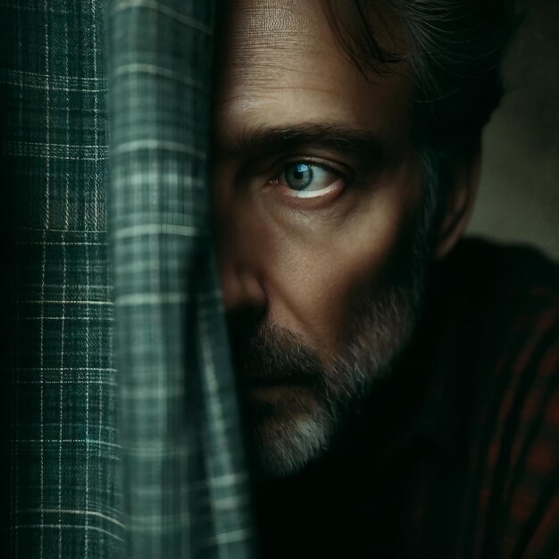 Melancholic Man Peering Through Plaid Curtain