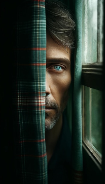 Melancholic Man Peering Through Plaid Curtain