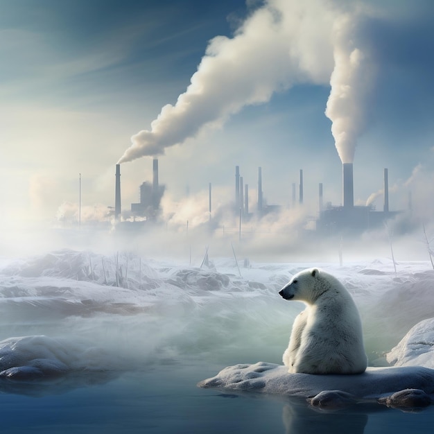 Photo melancholic polar bear melting iceberg with distant horizon generative ai