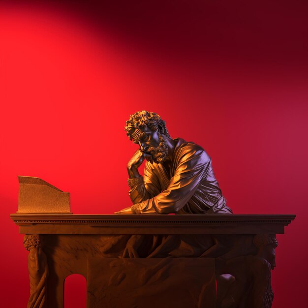 Photo melancholic reflections of marcus aurelius a golden statue amidst a red background