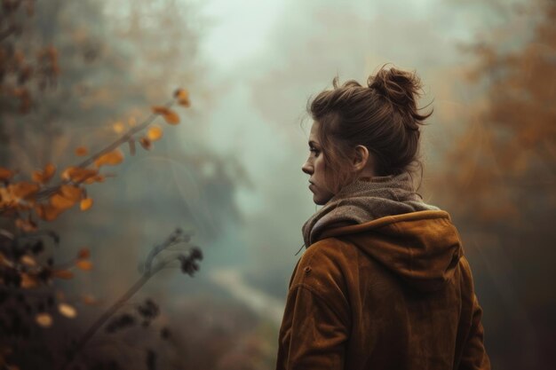 A melancholic woman in warm autumnal tones stands alone on a foggy morning