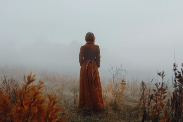 A melancholic woman in warm autumnal tones stands alone on a foggy morning