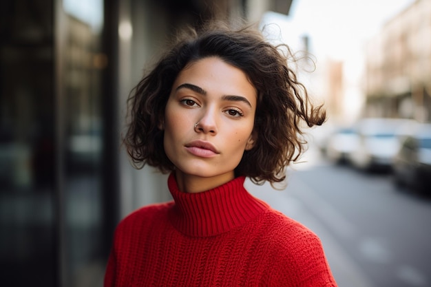 Melancholic Young Woman in Red Sweater Gazing Out the Window