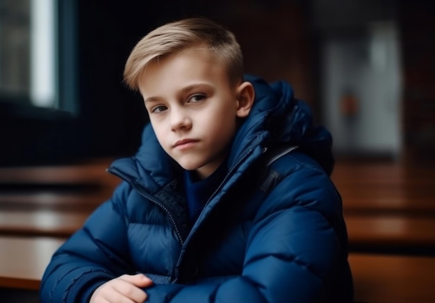 Melancholische schooljongen jas Eenzame schooljongen met blauw jasje en verdrietig gezicht Genereren AI