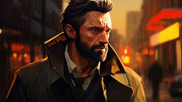 Photo the melancholy wanderer captivating an abstract graphic novel art with a 50yearold hugh jackman a